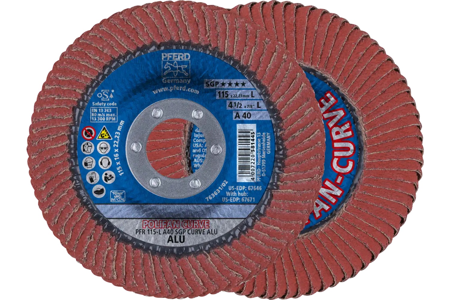 Picture of Pferd Flap Disc, 4-1/2" x 7/8, A SGP Curve ALU, 40 Grit, Large Radius, Aluminum Oxide